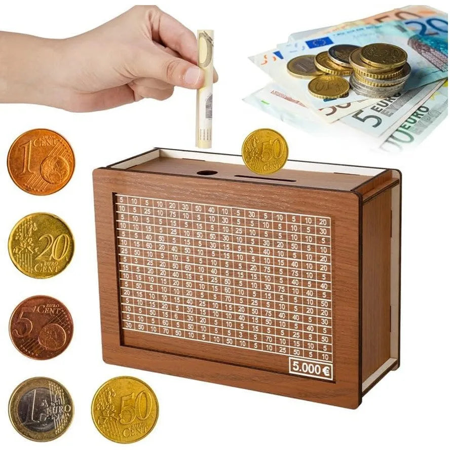 Euro Money Box Wooden Piggy Bank - Available in 1000/2000/3000/5000/10000, Reusable with Saving Goal and Number Boxes