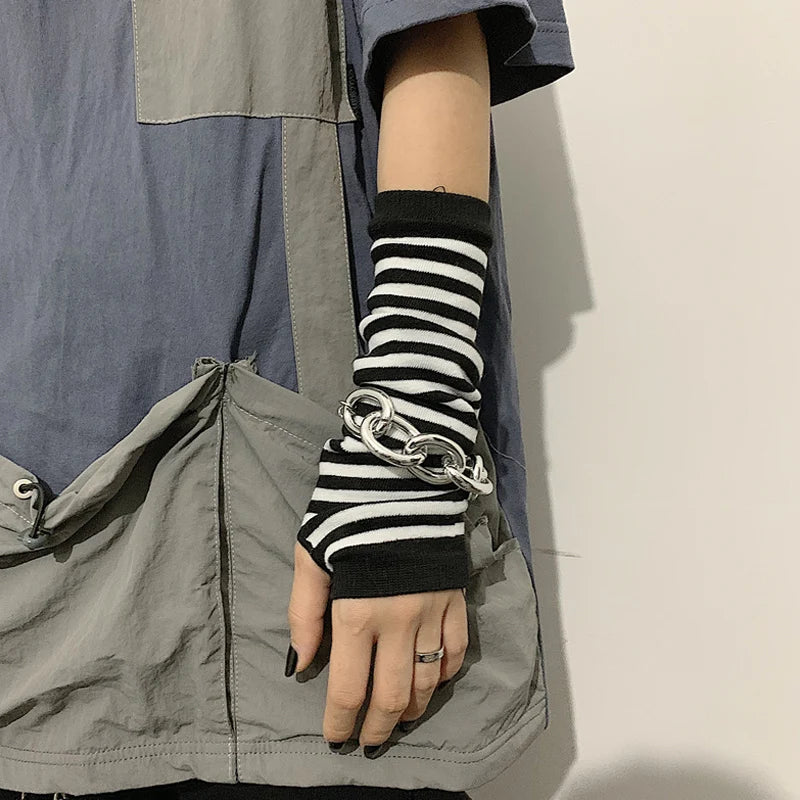 Punk Striped Fingerless Gloves: Long Sleeve Knitted Arm Warmers for Women and Men - Hip-Hop Style Elastic Winter Accessories for Outdoor Fun