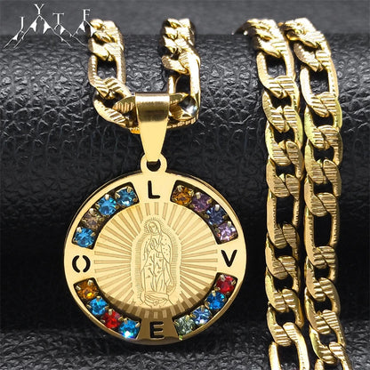 Virgin Mary Love Necklace – Colorful Crystal, Stainless Steel Gold Color with Our Lady of Guadalupe Pendant – Jewelry for Women and Men, N8389S05