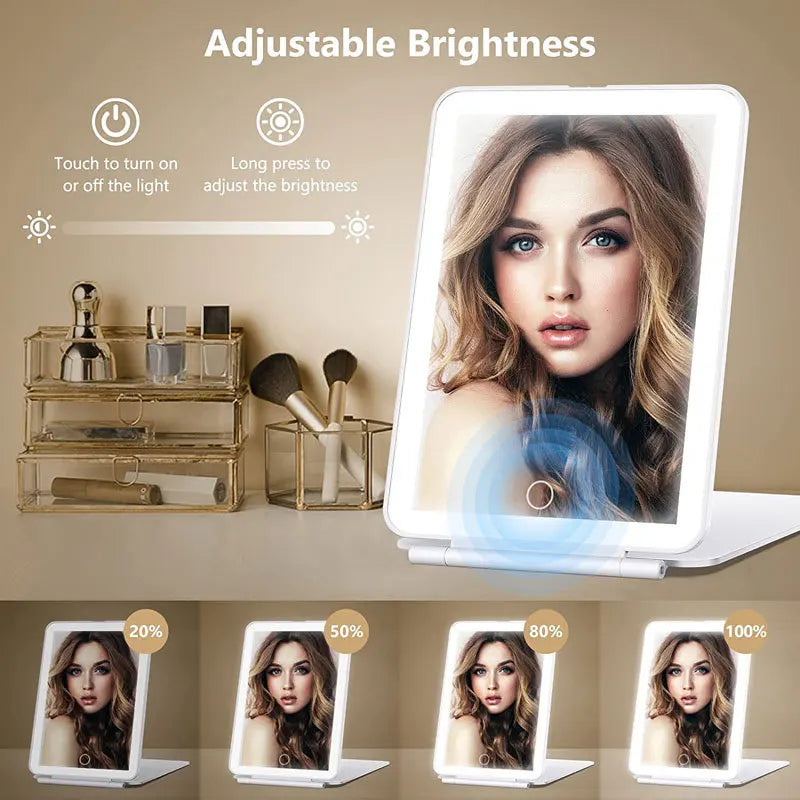 Portable LED Vanity Lamp Makeup Mirror: Folding Touch Screen Cosmetic Mirror with USB Rechargeable LED Lamp - Foldable and Lighted Design