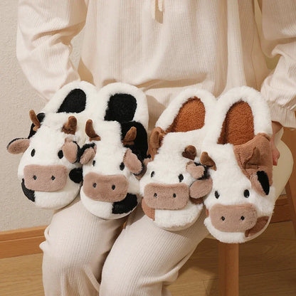 New Winter Cartoon Cow Warm Plush Slippers: Unisex Couple's Indoor Non-Slip House Slides - Toe Wrap Cotton Shoes