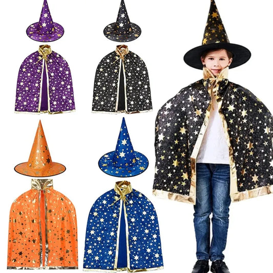 2pcs Kids Halloween Witch Hats and Cape Set - Perfect for Masquerade, Cosplay, and Halloween Party Costumes