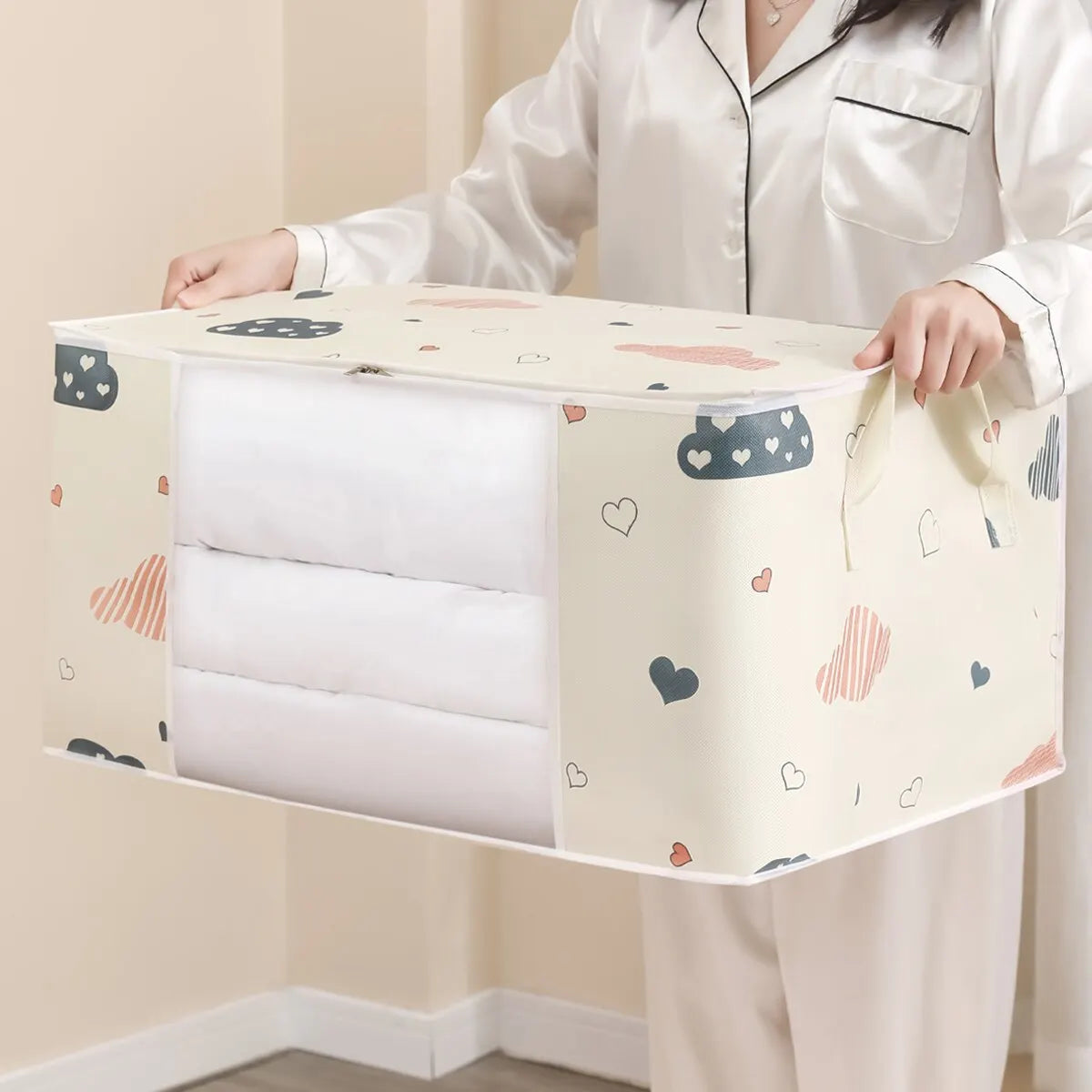 Large Capacity Clothes Storage Bag Organizer - Reinforced Handle for Blankets, Bedding - Foldable with Sturdy Zipper