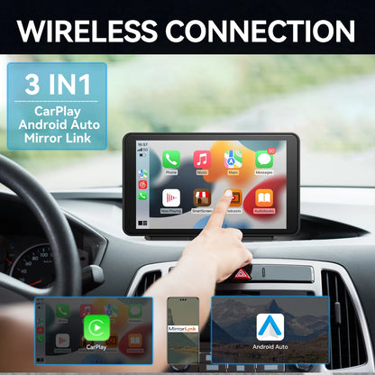 7'' Portable CarPlay Smart Touchscreen - Wireless Car Stereo with Android Auto, Mirror Link, AUX Connection, and FM Radio