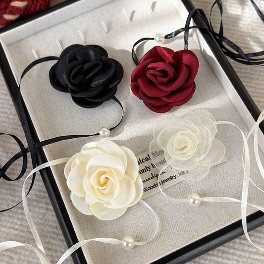 Romantic Rose Flower Necklace - New Adjustable Cloth Clavicle Chain, Fashion Retro Pearl Strap for Women