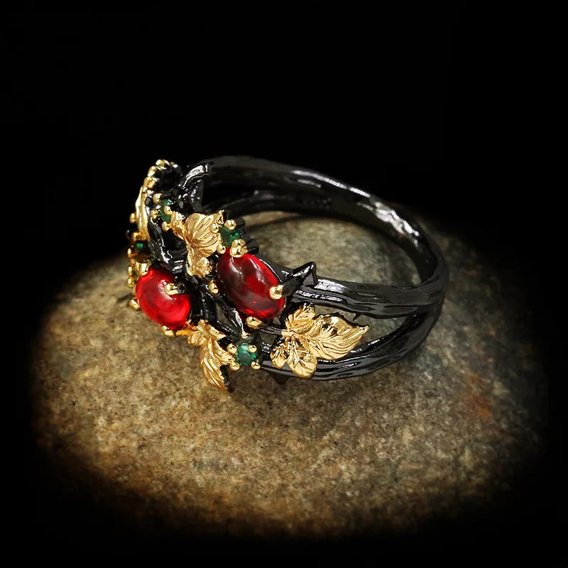 Exquisite Leaf Flower Zircon Ring for Women - Two-Tone Black and Gold with Red Zircon, Elegant Ladies' Jewelry