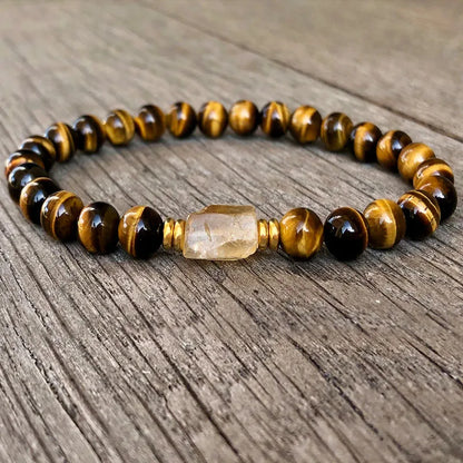 6mm Tiger Eye and Raw Citrine Nugget Bracelet | Empath Protection with Moonstone, Amethyst and Rose Quartz Gemstones