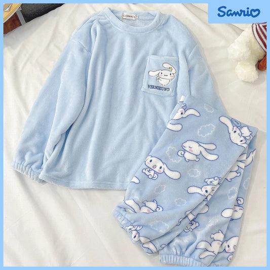 Sanrio Anime Flannel Pajamas - Cinnamoroll, Kuromi, My Melody Coral Velvet Pullover - Winter Warm Homewear for Girls