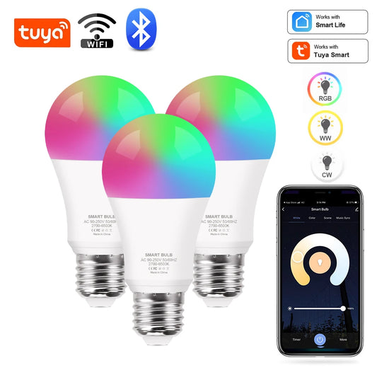 Tuya WiFi/Bluetooth Smart Bulb – Alexa and Google Assistant Compatible E27 RGB LED Lamp, 110V/220V Smart Light for Smart Life