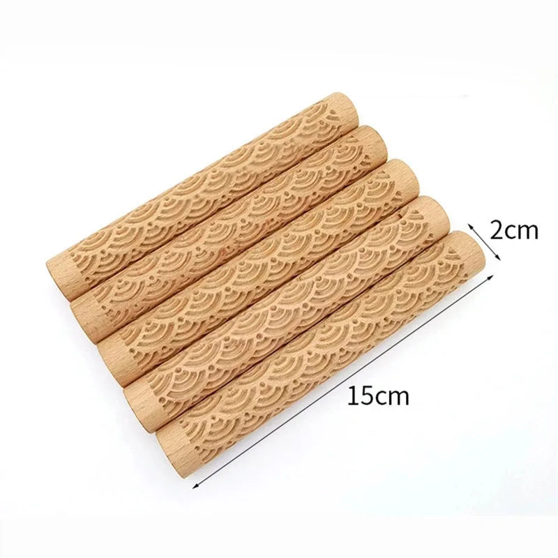 3D Embossed Pottery Rolling Pin - Wooden Hand Pressure Roller for Home Kitchen Baking, Pie and Cookie Making, Handmade Tool Supplies