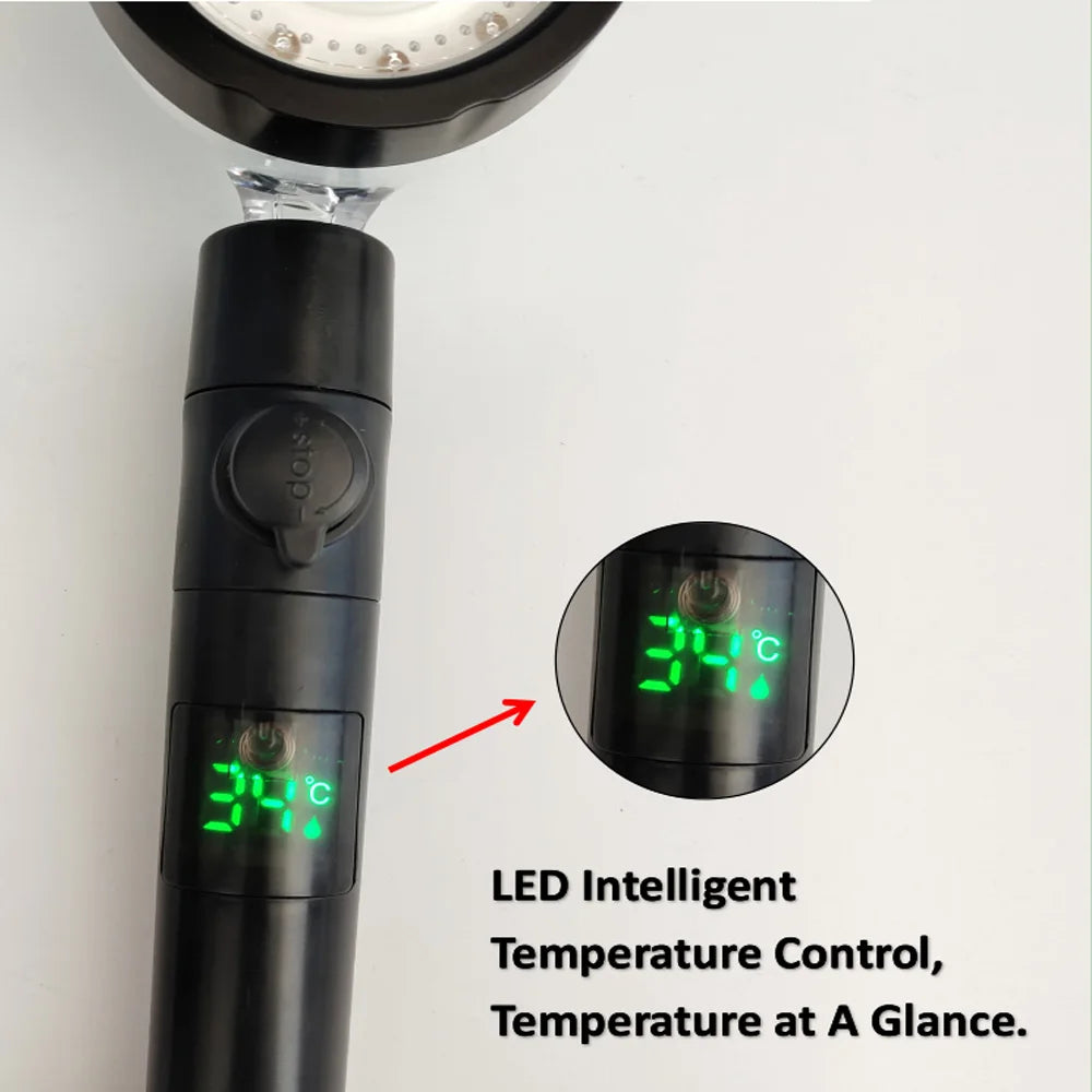 LED Digital Temperature Display Shower Head | Black with Colorful Fan & Temperature Control | High Pressure Rainfall Bathroom Showerhead