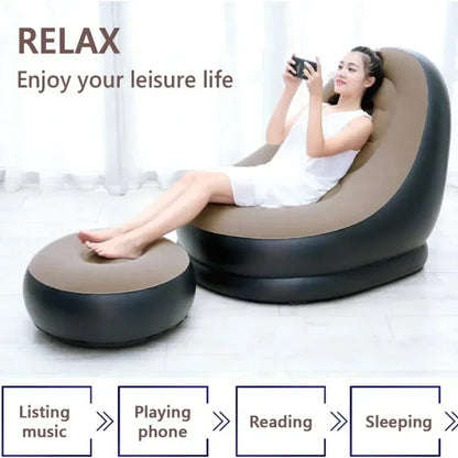 Inflatable Bean Bag Sofa – Foldable Leisure Recliner Bed for Outdoor, Tatami & Bedroom Use, Fluffy Seat & Footstool