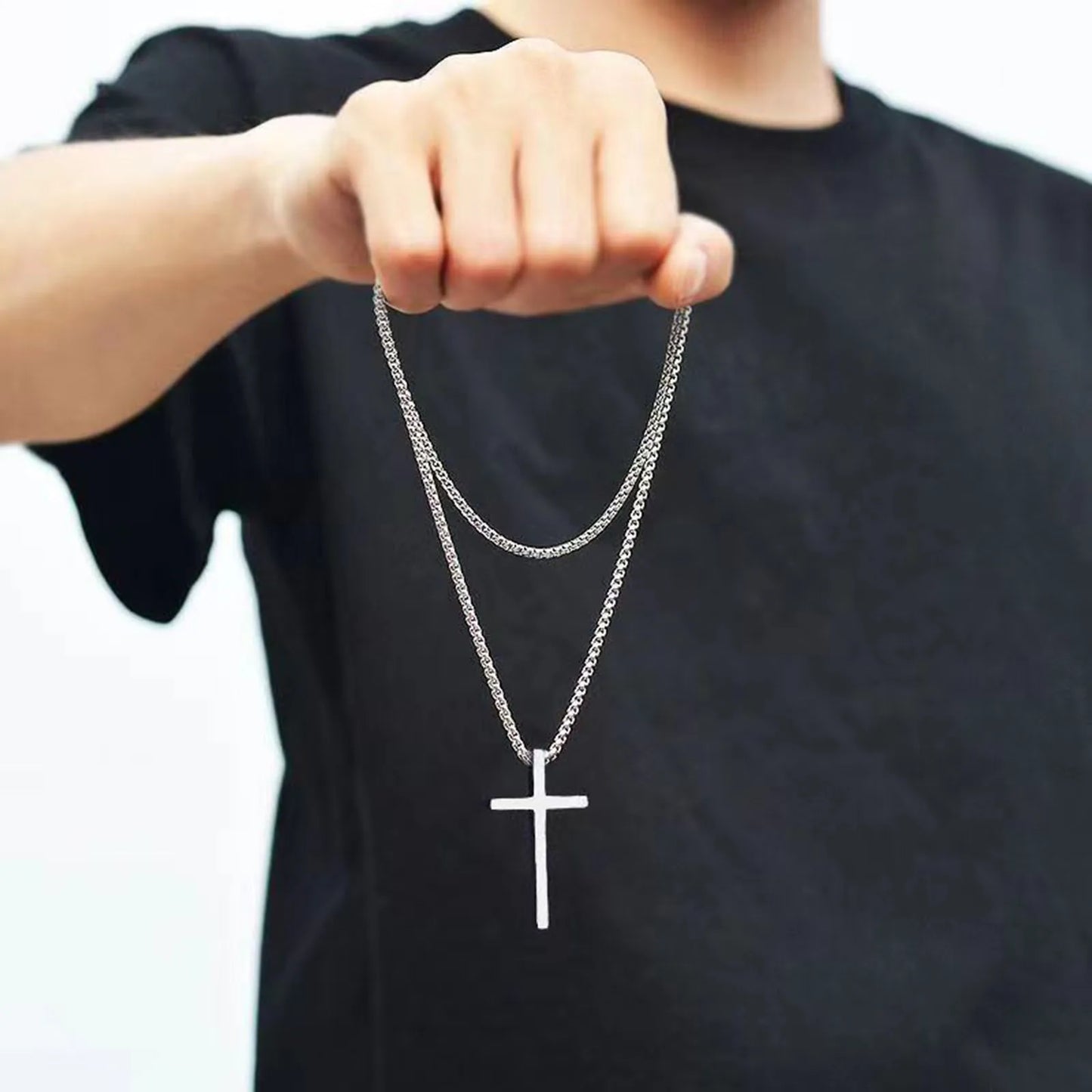 Vnox Cross Necklace for Men and Women - Silver Plain Cross Pendant with Stainless Steel Box Chain