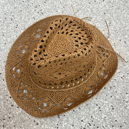 Classic Vintage Straw Western Cowboy Hat - Unisex Hollow Out Design with Wide Brim, Sun Protection Fishing and Climbing Cap