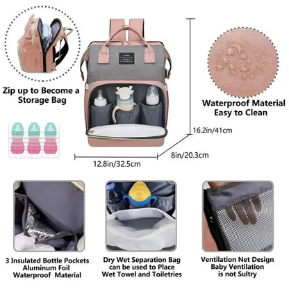 Mommy Baby Diaper Bag Backpack with Shade & Mosquito Net: USB Charging Port, Wet/Dry Compartments - Stroller Hanging Bag Included