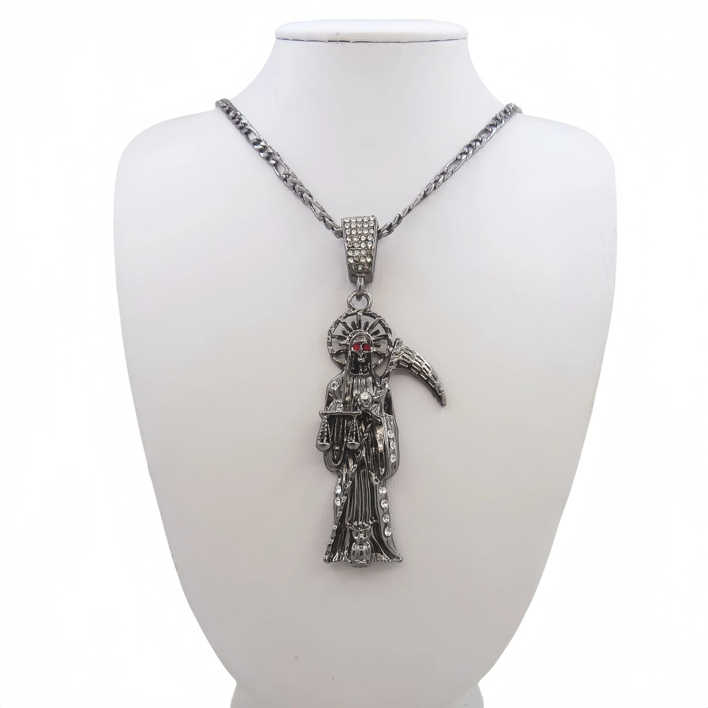 Santa Muerte Necklace – Figaro Chain with Santisma Muerte Pendant and St. Jude Charm for Men and Women