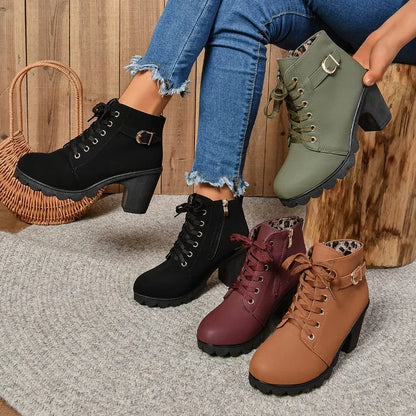 2024 Women's Fashion High Heel Lace-Up Ankle Boots - Ladies Buckle Platform Shoes in Artificial Leather - Bota Feminina