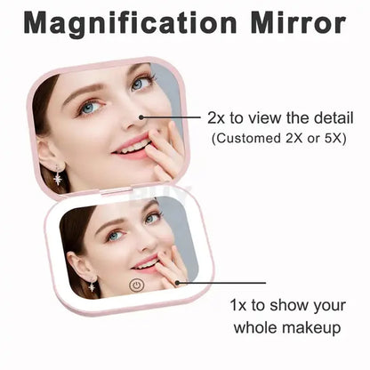 Portable Folding LED Vanity Table Mirror: Compact Mini Gift with 2X Magnifying Handheld Pocket Makeup Mirror