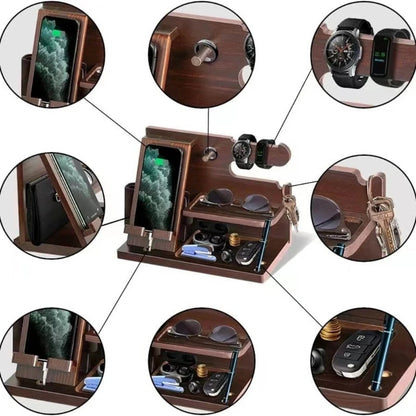 Wooden Bedside Phone Docking Station – Multifunctional Rack for Wallet, Watch, and Storage, Ideal for Valentine's Day