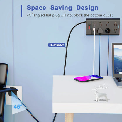 Wall-Mounted Surge Protector Power Strip: 4 USB Ports (2 USB C, 2 USB A) with Flat Plug Extension Cord