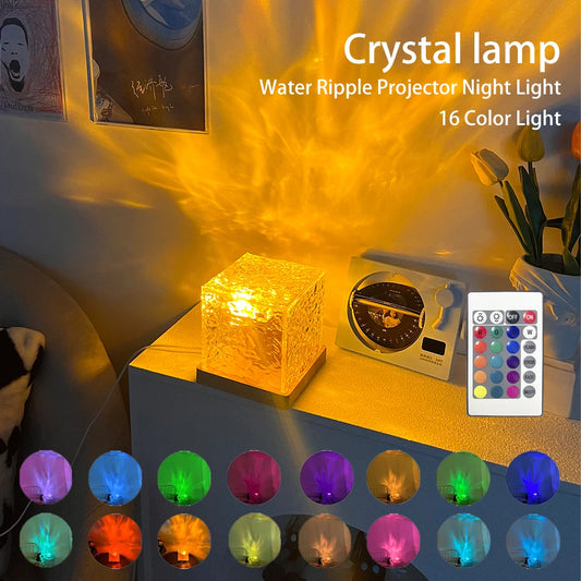 Dynamic Rotating Water Ripple Projector Night Light - 3/16 Colors Flame Crystal Lamp for Living Room Study Bedroom, Rotating Light