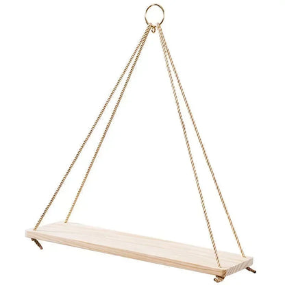 Wooden Rope Swing Wall Hanging Plant Pot Tray – Nordic Floating Shelves for Simple Home Decoration