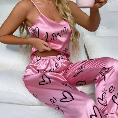 2PCS Sexy Women's Satin Pajama Set - V Neck Sleeveless Lingerie with Suspenders and Pants, Home Wear Loungewear