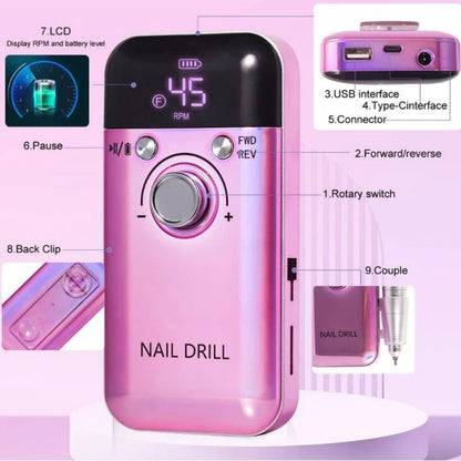 Professional Electric Nail Drill Machine: 45000RPM, Rechargeable, Portable - Perfect for Gel Nails Polish & Manicure