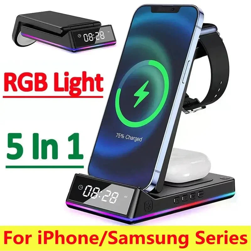 5 in 1 Foldable Wireless Charger Stand 15W with RGB LED Clock - Fast Charging Station Dock for iPhone, Samsung Galaxy, Watch 6/5, S23, S22