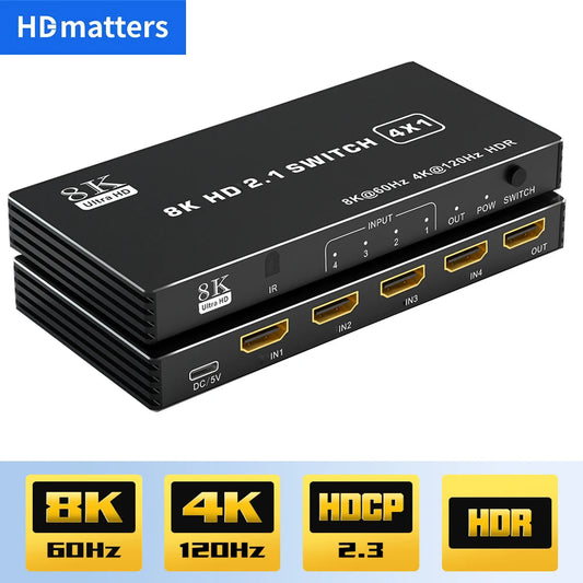 5-Port HDMI 2.1 Switch Splitter: 120Hz 4K & 8K Compatible Switcher with Remote - Supports Dolby Vision, CEC, and 48Gbps Bandwidth