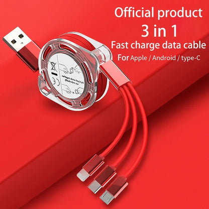 3-in-1 Telescopic USB Cable - Fast Charging for Apple, Type-C, and Android Phones