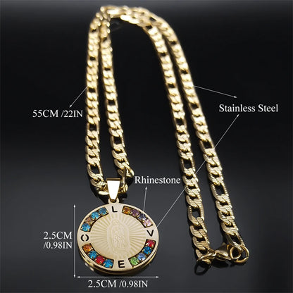 Virgin Mary Love Necklace – Colorful Crystal, Stainless Steel Gold Color with Our Lady of Guadalupe Pendant – Jewelry for Women and Men, N8389S05