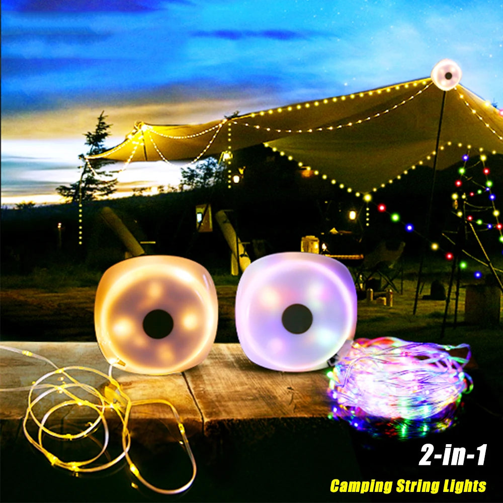 33Ft Camping String Lights with Lanterns: 2-in-1 Design, 2000mAh Rechargeable Flashlights - IPX6 Waterproof Camping Lights