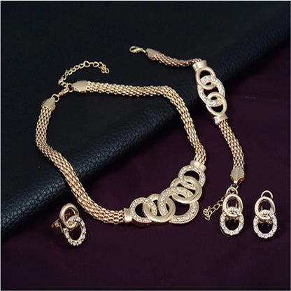 European and American Fashion Five-Ring Jewelry Set - Retro Bride Necklace, Earrings, Bracelet, and Ring Gift Set