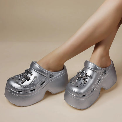 Women's Silver Platform Clogs - Summer 2024 Comfortable Slip-On Wedge Sandals with Fashion Chain, Thick Sole Garden Shoes