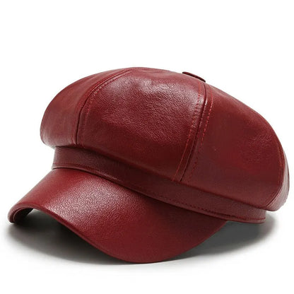 Autumn and Winter Leather Octagonal Hat for Women - British Style Retro Casual Beret, Cute and Fashionable Versatile Headwear