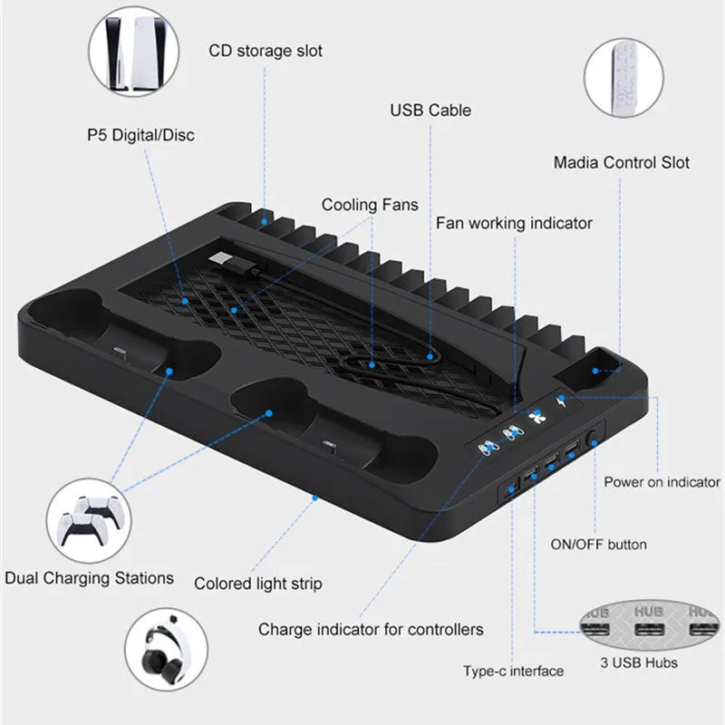 YLW P58 P5 Cooling Station: Stand with RGB Light Cooling Fan & Dual Controllers Charger for Playstation 5 - PS5 Game Accessories