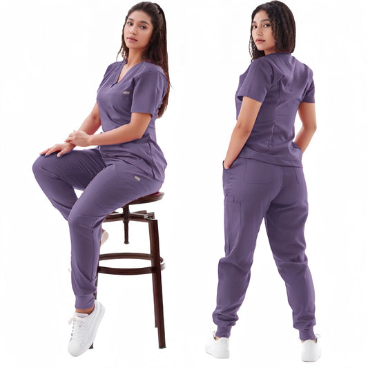 Multicolor Jogger Suit Nurse Scrubs Set - Medical Clinical Clothes with Short Sleeve V-Neck Tops and Pocket Pants, Doctor Nursing Uniforms