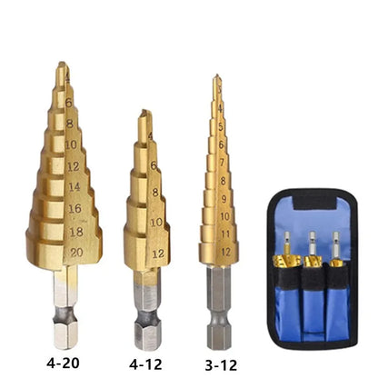 3Pcs Titanium Coated Step Drill Bit Set: 3-12mm, 4-12mm, 4-20mm HSS Pagoda Step Drill with Hex Shank - for Wood and Metal Hole Drilling