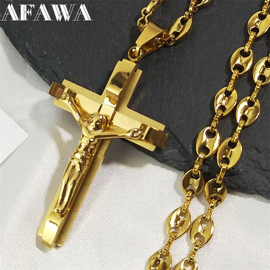 Jesus Cross Crucifix Pendant Necklace - Gold Stainless Steel Christian Coffee Bean Chain for Men, Croix Chrétienne