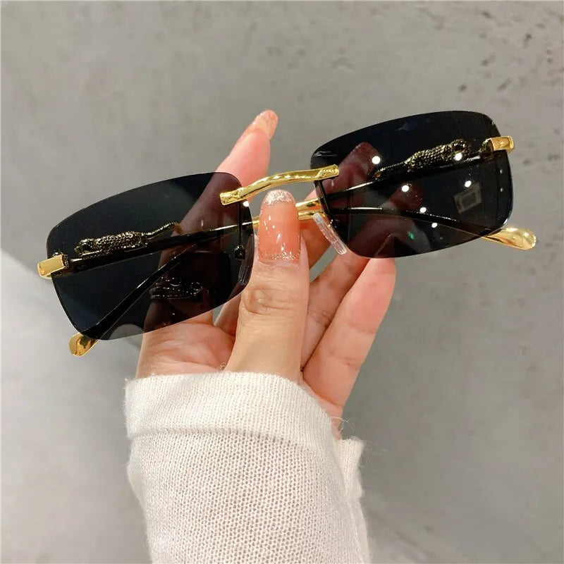 Vintage Rimless Cut Edge Sunglasses: Fashion Designer Shades with Luxury Golden Leopard Frame - UV400 Protection