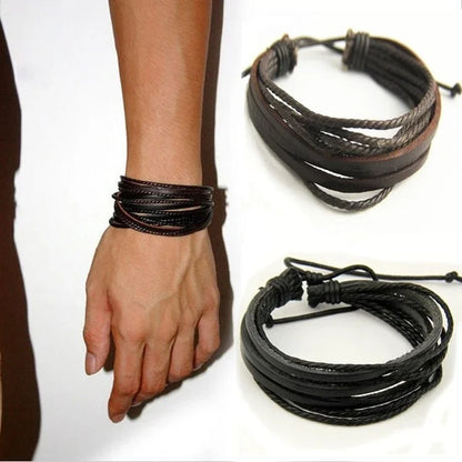 Delysia King Leisure Fashion Men's Hand-Woven Multilayer Leather Bracelet – Handmade Lace-Up Wrist Strap