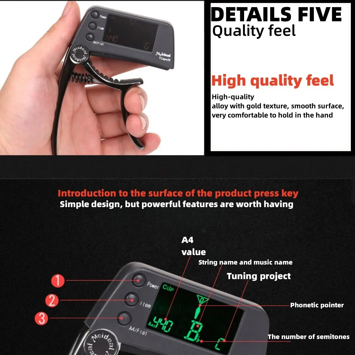 Professional Guitar Tuner Capo 2-in-1 Combo - LED Display for Acoustic, Electric Guitars, Bass, Ukulele - Essential Equipment for Musicians