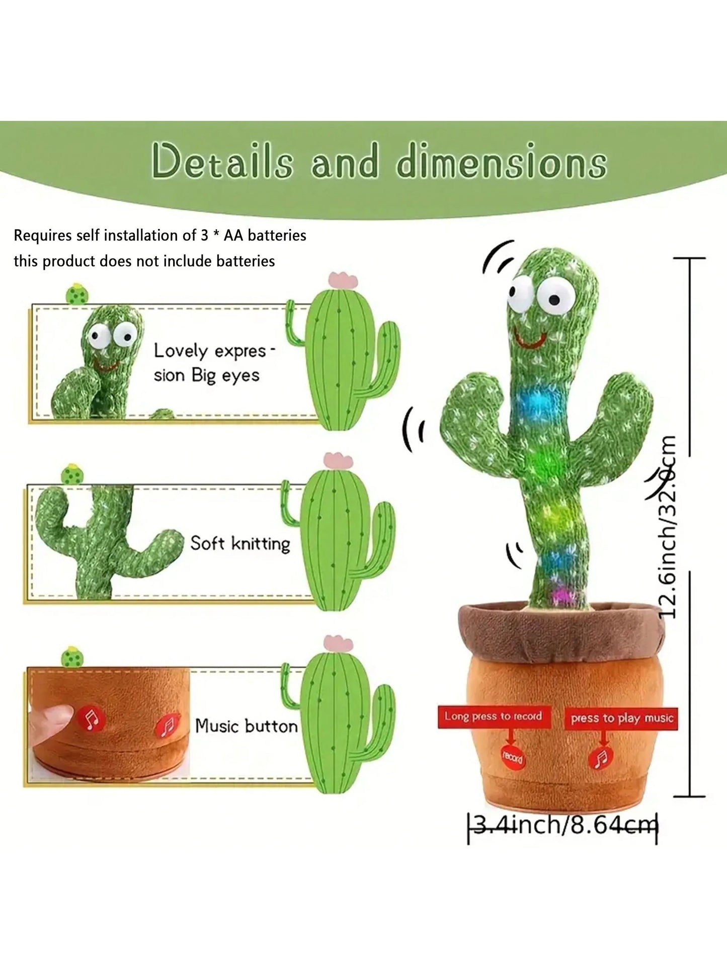 Sunny Cactus Up Plus - Dancing Talking Cactus Toy for Baby Boys and Girls - Singing, Mimicking, Recording, and Repeating Fun for Kids