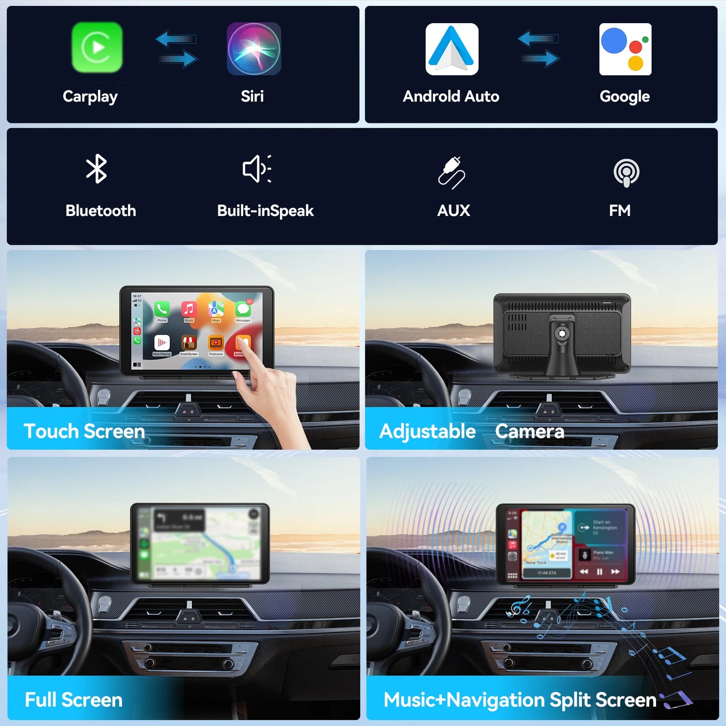 7'' Portable CarPlay Smart Touchscreen - Wireless Car Stereo with Android Auto, Mirror Link, AUX Connection, and FM Radio