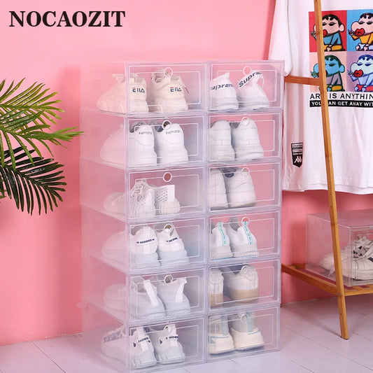 6pcs Set Foldable Plastic Shoe Cases - Thickened Transparent Stackable Drawer Boxes for Shoe Organization