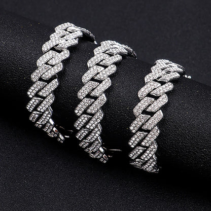 Hip Hop Shiny 15MM Cuban Link Chain Necklace | Silver Color Rhinestone Iced Out | Punk Jewelry for Women & Men | Gift