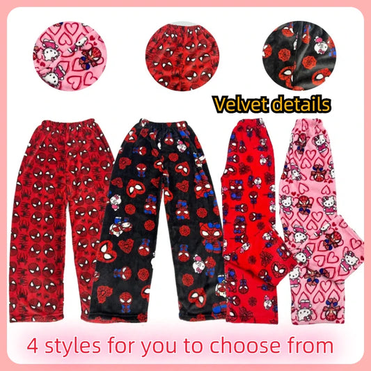 Hello Kitty Spider-Man Cotton Velvet Pajamas - Loose Long Pants, Cartoon Sleepwear for Women and Men, Casual Wear