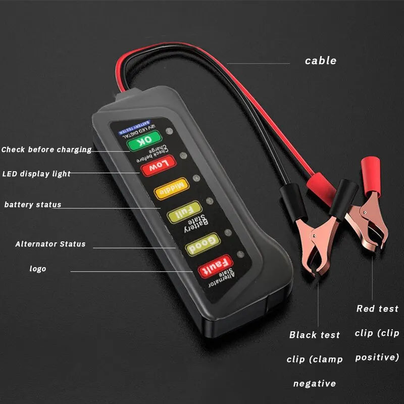 Automobile Battery Tester - ABS Display for Car and Motorcycle Batteries, Red Yellow Green Indicator, 12V Battery Level