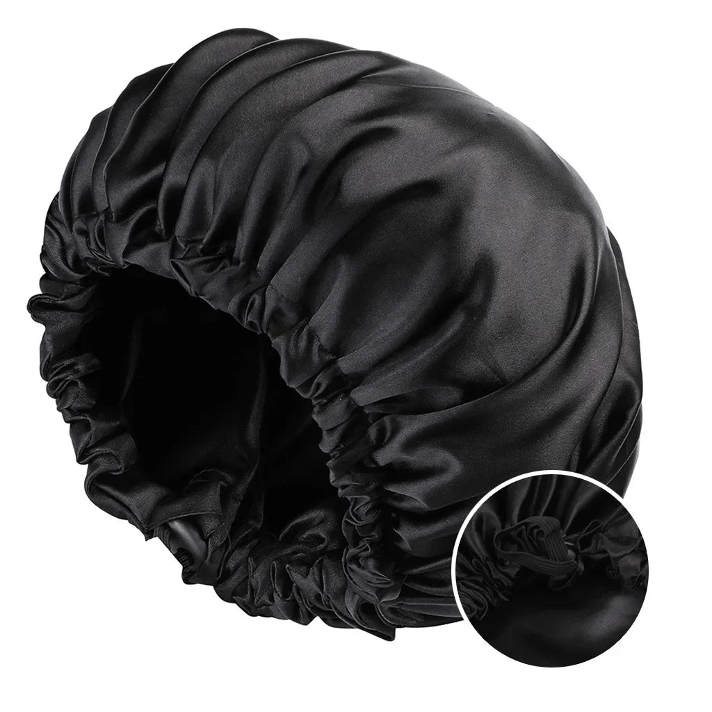 Adjustable Double Layer Satin Bonnet - Solid Black Lining, Doubleside Nightcap, Round Shower Caps for Women, Night Sleep Polyester Hat